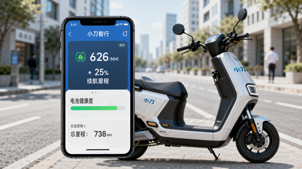 �ֻ���Ļ��ʾС������App�ĳ���״̬ҳ�棬��������һ��С���綯��ͣ�����Աߣ��ֻ���Ļ�Ϸ���ʾ�����ٷֱȺ�����������֣��·��ǵ�ؽ����Ƚ���������������ݣ������ǳ��нֵ����������������ϸ�����������ʸɾ��޶���Ԫ�أ�ͼ�а������֡�С�����С�