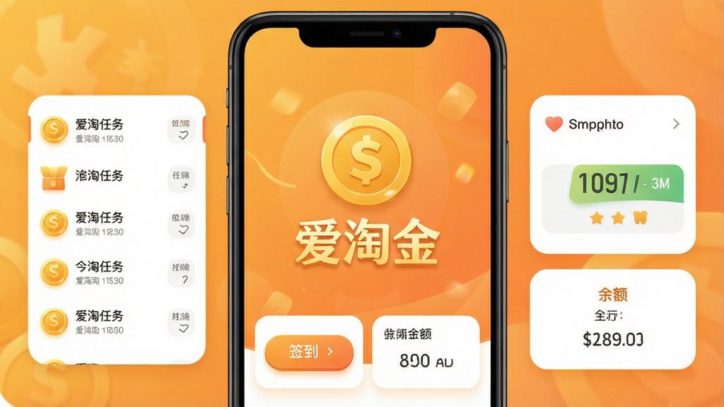 爱淘金App主界面全貌展示,一个清爽的手机屏幕画面,屏幕中央是金色的金币图标和“爱淘金”三个大字,背景是暖色调的渐变橙黄色,周围环绕着任务列表、签到按钮和余额显示的小组件,布局简洁明了,风格扁平化设计,细节圆润,画质干净清晰,无多余元素