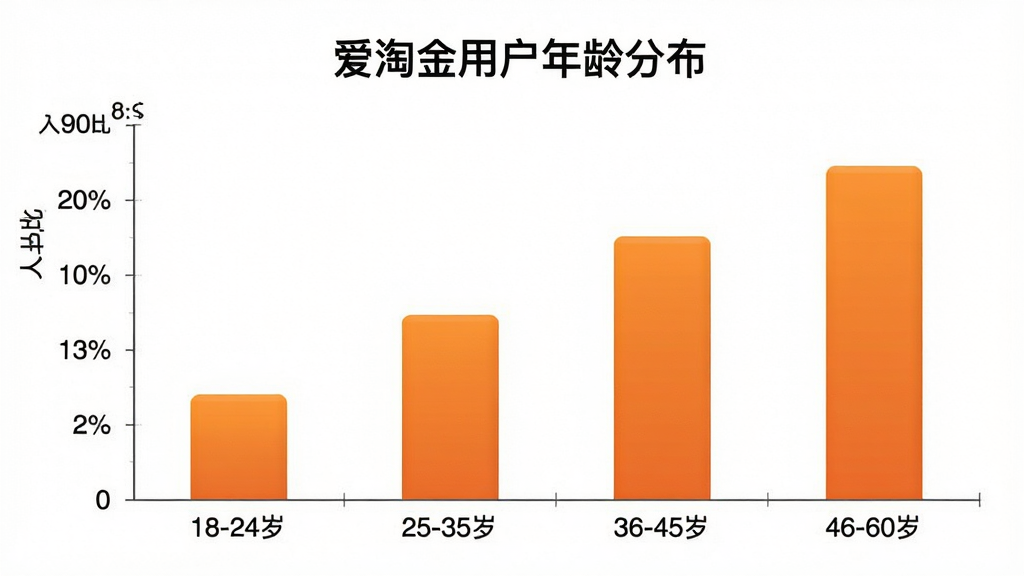 爱淘金用户年龄分布柱状图,画面中是一个清晰的柱状图表,横轴标注“18-24岁”、“25-35岁”、“36-45岁”、“46-60岁”,纵轴标注人数占比,柱子颜色为渐变橙色,图表标题为“爱淘金用户年龄分布”,背景干净白色,风格简洁商务,画质清晰无多余元素