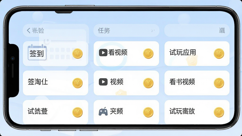 爱淘金任务中心界面截图,画面中展示一个手机屏幕,屏幕里是整整齐齐的任务卡片列表,每张卡片上写着“签到”、“看视频”、“试玩应用”等字样,旁边配有金币图标,背景是柔和的浅蓝色,布局清晰有层次,风格现代简约,画质干净无多余元素