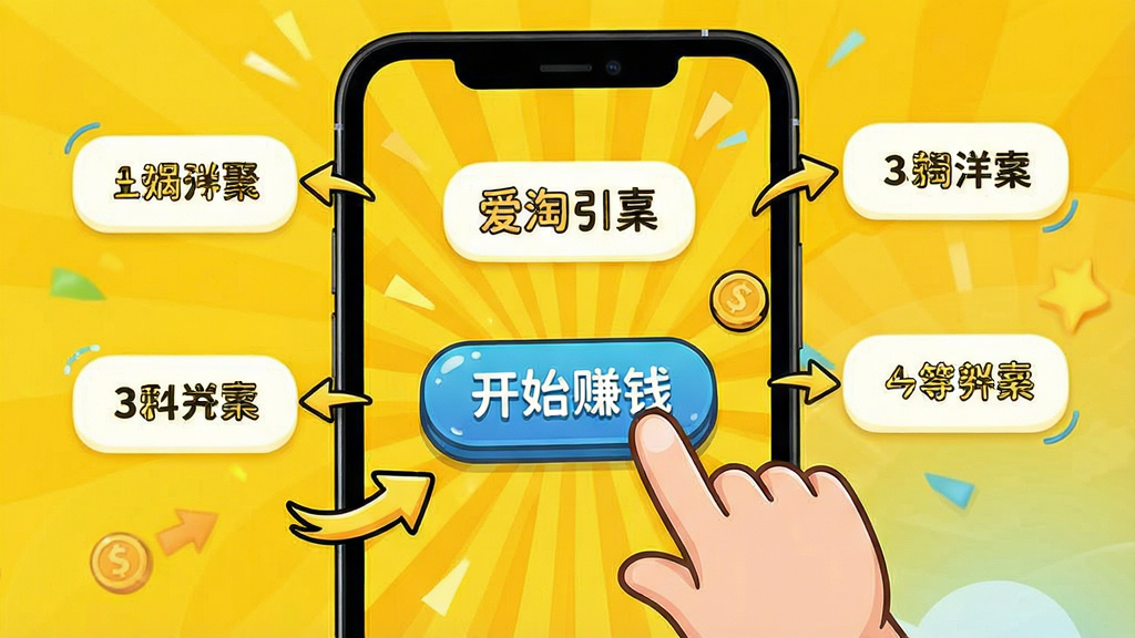 爱淘金新手引导界面示意图,手机屏幕显示一个卡通手指点击“开始赚钱”按钮,周围有箭头指示操作步骤,背景是明亮的黄色调,风格活泼轻松,画质干净清晰,无多余元素