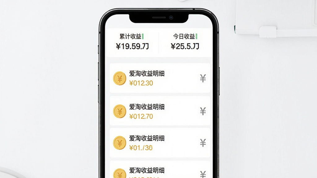 爱淘金收益明细页面展示,手机屏幕画面中显示一条条收益记录列表,每条记录旁边有金币和人民币符号,顶部有“累计收益”和“今日收益”的数据面板,背景是干净的白色底,文字清晰,风格极简扁平,画质干净无多余元素
