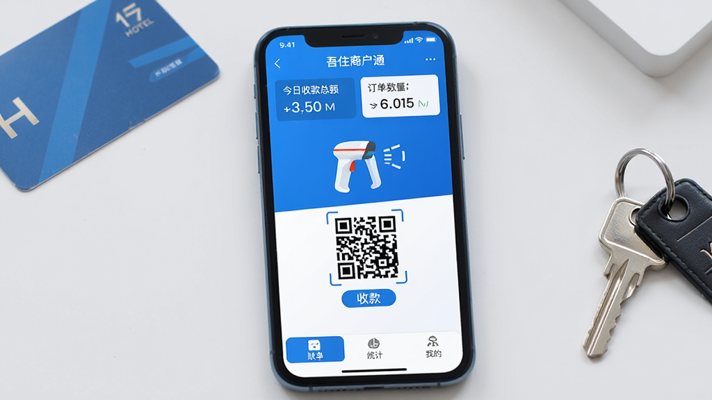 һ��չʾ�ֻ���Ļ��ͼƬ����Ļ����ʾ�š���ס�̻�ͨ����APP���棬��������ɫ�Ͱ�ɫΪ��ɫ����������ʾ�����տ��ܶ�Ͷ����������м�����Ŀ��ɨ��ǹͼ����տ��ά�룬�ײ����˵���ͳ�ơ��ҵ�����ѡ����ֻ���Χ�оƵ귿����Կ����Ϊ��׺���������ִ���࣬���ʸɾ��������޶���Ԫ��