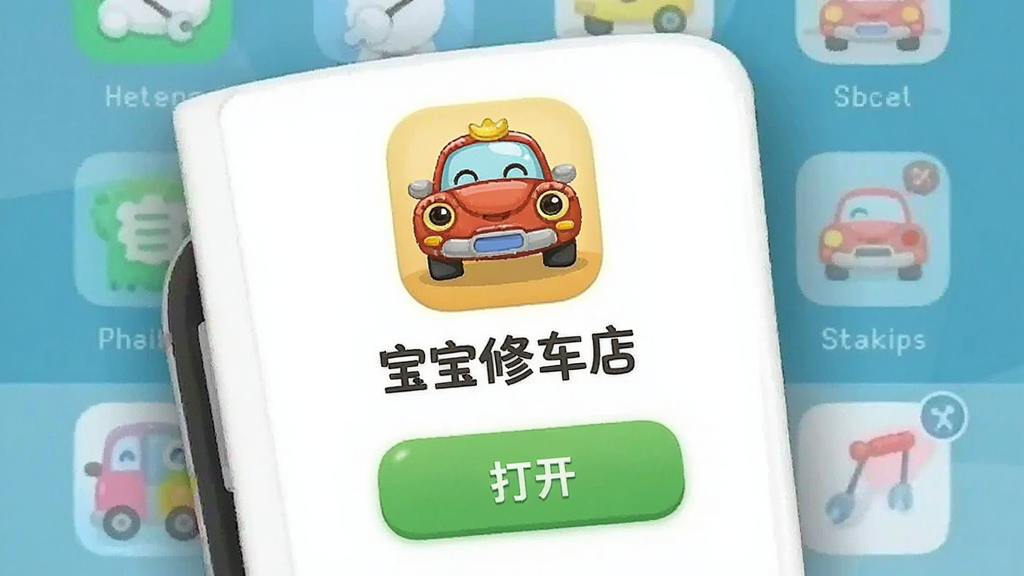 卡通风格的手机屏幕截图,画面中显示宝宝修车店App的安装完成界面,一个卡通小汽车图标下方写着“宝宝修车店”字样,旁边有绿色的“打开”按钮,背景是简洁的手机桌面,风格清爽,布局清晰,细节干净,画质无多余元素