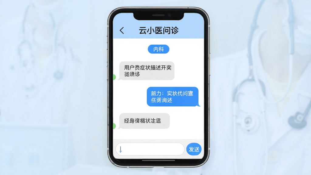 ����������棬�ֻ���Ļ������ʾ����Сҽ������촰�ڣ�������û����͵�֢״�������ݣ��Ҳ���ҽ���ظ�����ɫ���ݣ������п��ұ�ǩ���ڿơ����ײ���������뷢�Ͱ�ť������Ϊǳ��ɫ���䣬���岼�������������רҵ�����ʸɾ����޶���Ԫ��