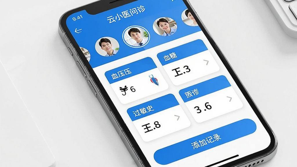 ���������������棬�ֻ���Ļ��ʾ����Сҽ�����������ҳ�������м�ͥ��Աͷ���л������м���Ѫѹ��Ѫ�ǡ�����ʷ�����ݿ�Ƭ����Ƭ��������ɫΪ�����ײ��С����Ӽ�¼����ť�����岼�ֹ���������ִ������ʸɾ����޶���Ԫ��