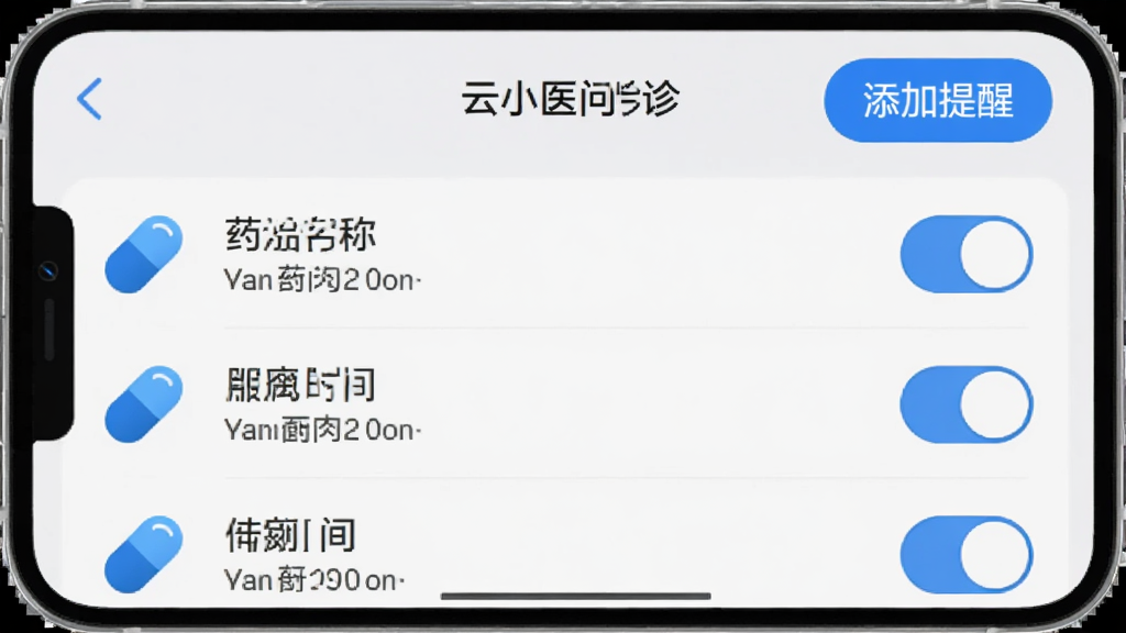 ��ҩ�������ý��棬�ֻ���Ļ��ʾ����Сҽ��������б���ÿ�����Ѱ���ҩƷ���ơ�����ʱ��Ϳ��ذ�ť�������С��������ѡ���ť������Ϊǳ��ɫ��ͼ��Ϊ��ɫҩ����״���������࣬�������������ʸɾ����޶���Ԫ��