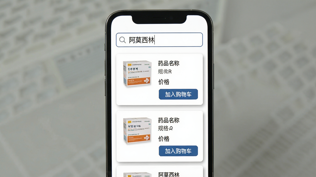 ҩƷ��ѯҳ�棬�ֻ���Ļ�Ϸ������������롰��Ī���֡����·��г�ҩƷ��Ƭ��ÿ�ſ�Ƭ����ҩ��ͼƬ��ҩƷ���ơ���񡢼۸�͡����빺�ﳵ����ť������Ϊ��ɫ����Ƭ����΢��Ӱ�����������࣬�������������ʸɾ����޶���Ԫ��
