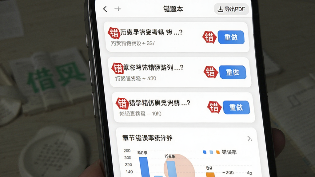 ��ʷѧ����App���Ȿ���棬�ֻ���Ļ��ʾ�����б���ÿ�����Ա��к�ɫ�������ֱ�ǩ��������ť�������С�����PDF��ѡ��ײ���ͳ��ͼ����ʾ���½ڴ����ʣ�����Ϊ��ɫ����Ƭʽ���֣����ʸɾ��޶���Ԫ��