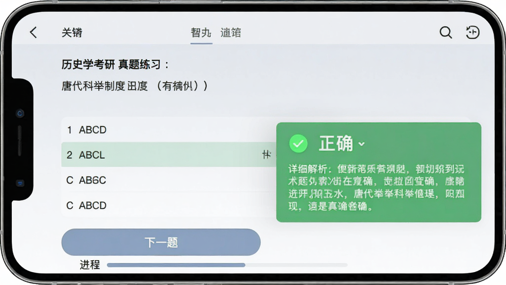 ��ʷѧ����App������ϰ���棬�ֻ���Ļ��ʾһ�����ڡ��ƴ��ƾ��ƶȡ���ѡ���⣬�·���ABCD�ĸ�ѡ�ѡ�к����̵�����ɫ��ȷ��ʾ����ϸ�������֣�����ײ��С���һ�⡱��ť�ͽ�����������Ϊǳ��ɫ�������������Ű����룬���ʸɾ��޶���Ԫ��