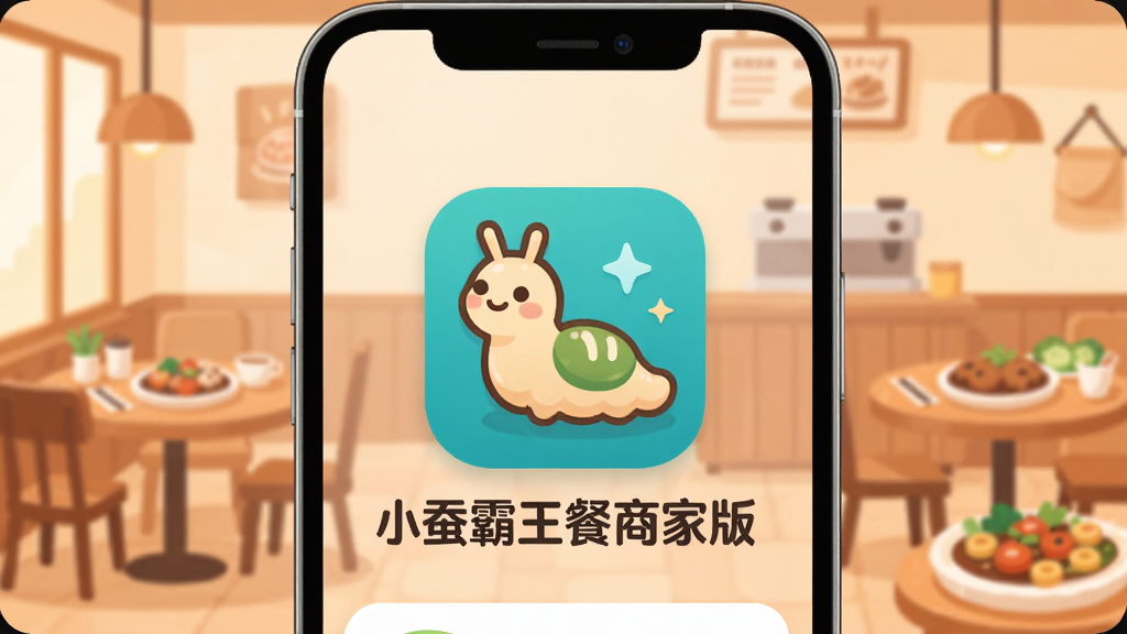 一张手机屏幕展示小蚕霸王餐商家版应用主界面,画面中央是应用图标和名称“小蚕霸王餐商家版”,背景是温馨的餐饮店铺场景,有餐桌和美食元素,布局简洁,风格现代扁平,细节圆润,画质干净无多余元素
