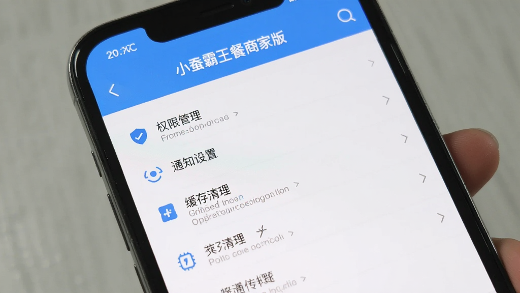手机屏幕显示小蚕霸王餐商家版的设置页面,有权限管理、通知设置、缓存清理等选项,界面简洁,以白色和蓝色为主,风格现代扁平,画质干净无多余元素