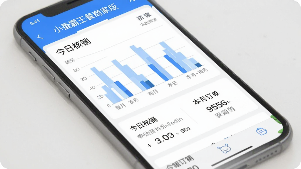 手机屏幕显示小蚕霸王餐商家版的数据统计页面,有柱状图和数字展示“今日核销”“本月订单”等信息,界面以蓝白为主色调,布局清晰,风格现代扁平,画质干净无多余元素