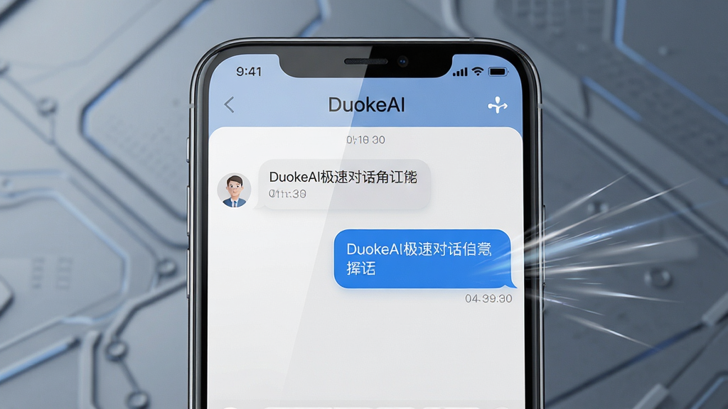 һ��չʾDuokeAI���ٶԻ����ܵ�ͼƬ����������Ϊ�ֻ���Ļ��д����Ļ����ʾDuokeAI��������棬����û�������һ����Ϣ���Ҳ�AI����ͬʱ�����ظ����ݣ����������ٶ�����Ч��ʾ������Ӧ������Ϊ�ֻ����У��Ű�ͻ���Ի����ݣ����Ϊ��ˬ�Ƽ��У�ϸ�ڰ�����Ļ���⡢����Բ�ǡ�ʱ���С�֣����������ɾ��޶���Ԫ��