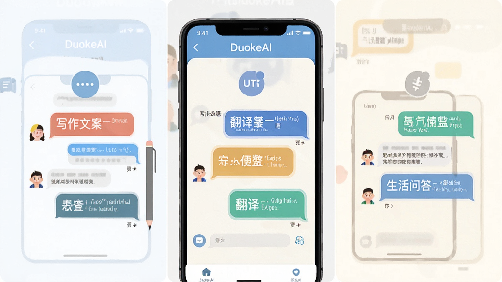 һ��չʾDuokeAI�ೡ���ʴ��ܵ�ͼƬ������Ϊ�ֻ���Ļ��DuokeAIӦ�ý��棬����ָ�Ϊ����С����ֱ���ʾд���İ�������Ӣ�ġ������ʴ����ֶԻ�������ÿ�������ж�Ӧ��ͼ��ͶԻ����ݣ�����Ϊ���������У��Ű����룬���Ϊ��ƽ���廭�磬ϸ�ڰ�����ͬ��ɫ�ĶԻ����ݡ�Сͼ���׺�����ʸɾ��޶���Ԫ��