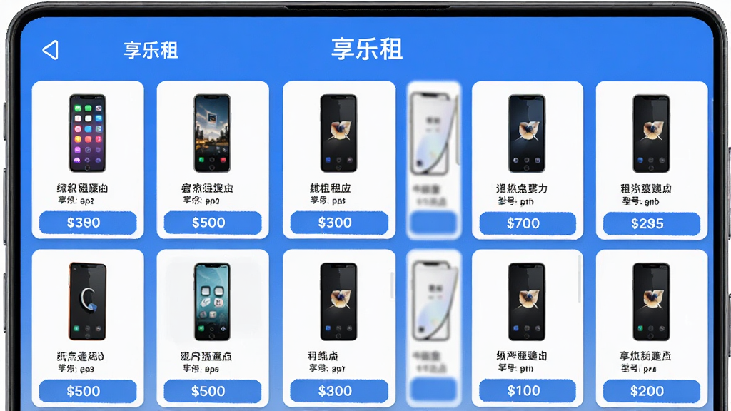 ������APP�ڻ���ѡ����棬�ֻ���Ļչʾ���Ʒ���ֻ����޿�Ƭ��ÿ�ſ�Ƭ�����ֻ�ͼƬ���ͺ����ƺ������۸�ҳ�沼�����룬������ɫ�������ˬ�ִ������ʸɾ��޶���Ԫ�أ���Ļ�Ϸ���ʾ�������⡱����
