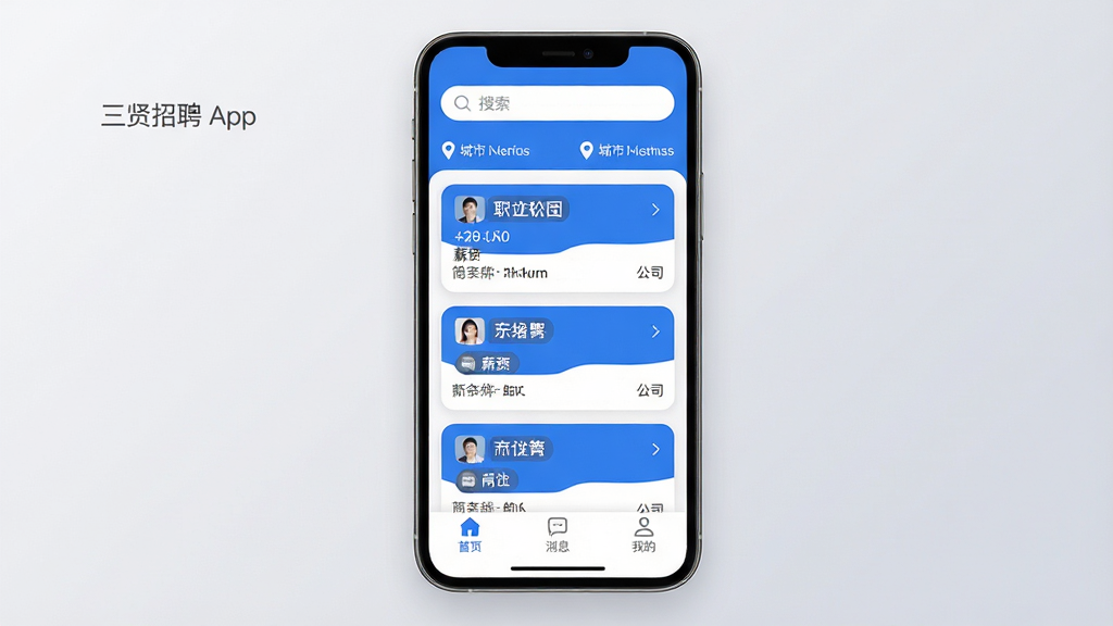 ������ƸApp������չʾ���ֻ���Ļ���У���Ļ����ʾ������ɫ����Ƹ��Ϣ���б���������������ͳ��ж�λ���м��Ǹ�λ��Ƭ��ÿ����Ƭ����ְλ���ơ�н�ʡ���˾��ƣ��ײ�����������ҳ����Ϣ���ҵ�����ͼ�꣬����Ϊǳ��ɫ���䣬�������ִ���࣬ϸ��Բ�󣬻��ʸɾ��޶���Ԫ��