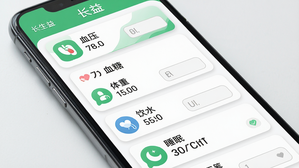 һ��չʾ�������桱APP���ݼ�¼�����ͼƬ��������һ���ֻ���Ļ����Ļ����ʾ�Ŷ������ָ���¼��Ƭ������Ѫѹ��Ѫ�ǡ����ء���ˮ��˯�ߵȣ�ÿ����Ƭ����������ͼ�������򡣲����������б����Ű����롣��������죬����ɫ�Ͱ�ɫΪ����ϸ����Բ�ǿ�Ƭ��΢�����Ӱ�����������ı�ǩ�����ʸ��壬�ɾ����޶���Ԫ�ء�
