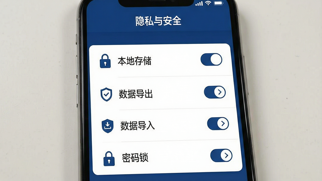 һ��չʾ�������桱APP��˽��ȫ���õ�ͼƬ��������һ���ֻ���Ļ����Ļ����ʾ�š���˽�밲ȫ������ҳ�棬�С����ش洢���������ݵ������������ݵ��롱��������������ѡ�ÿ��ѡ���Ա��п��ػ��ͷͼ�ꡣ�����������б����Ű�������������ؿɿ���������ɫ�Ͱ�ɫΪ����ϸ��������ͼ�ꡢ����ͼ�ꡢ���������ı�ǩ�����ʸ��壬�ɾ����޶���Ԫ�ء�