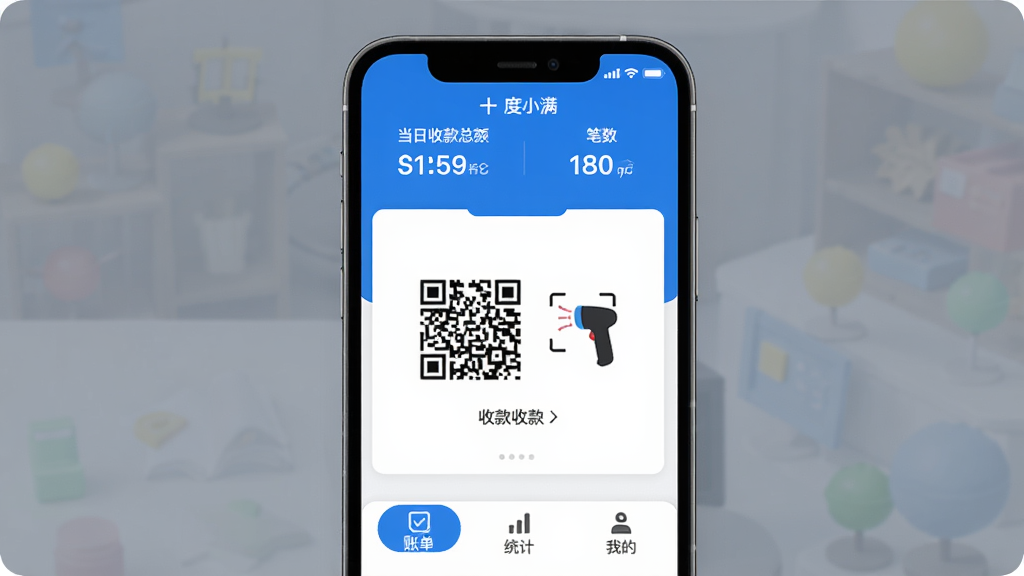 ��С���̼�����������չʾ������������һ�������ֻ�����Ļ��ʾ������ɫ���տ���壬�����е����տ��ܶ�ͱ������м�����Ŀ���տ��ά���ɨ��ǹͼ�꣬�ײ�Ϊ�˵���ͳ�ƺ��ҵ�����ѡ������岼�����������ֱ�ǩ��ȷ������ִ���ƽ��ϸ��Բ�󣬻��ʸɾ��޶���Ԫ��