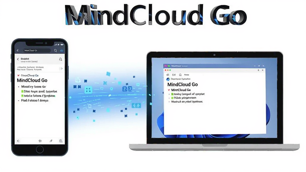 һ��չʾ MindCloud Go ������ͬ�����ܵĲ廭�����������һ���ֻ����Ҳ���һ̨�ʼǱ����ԣ��м��÷������ɫ���������ӣ��ֻ���Ļ����ʾ��������ıʼ����ݣ�������Ļ��ͬ��������ͬ���ݣ���������ɫ�����Ƽ��б�ƽ�������ʸɾ��޶���Ԫ�أ��������� MindCloud Go �����ڻ��涥��