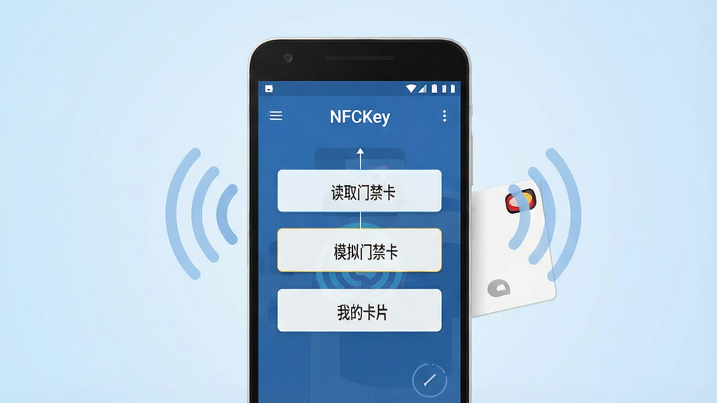 һ��չʾ�ֻ�NFC����ģ���Ž���������ͼƬ������������һ����׿�ֻ�����Ļ��ʾ�Ž���NFCKeyӦ�õ������棬�������С���ȡ�Ž�������ģ���Ž��������ҵĿ�Ƭ��������Ҫ��ť���ֻ����濿��һ�Ű�ɫIC�Ž�������Ƭ��Χ�������źŲ��������ֻ��������Ǽ���ǳ��ɫ���䣬�������ִ���ƽ�����ʸɾ��������޶���Ԫ��