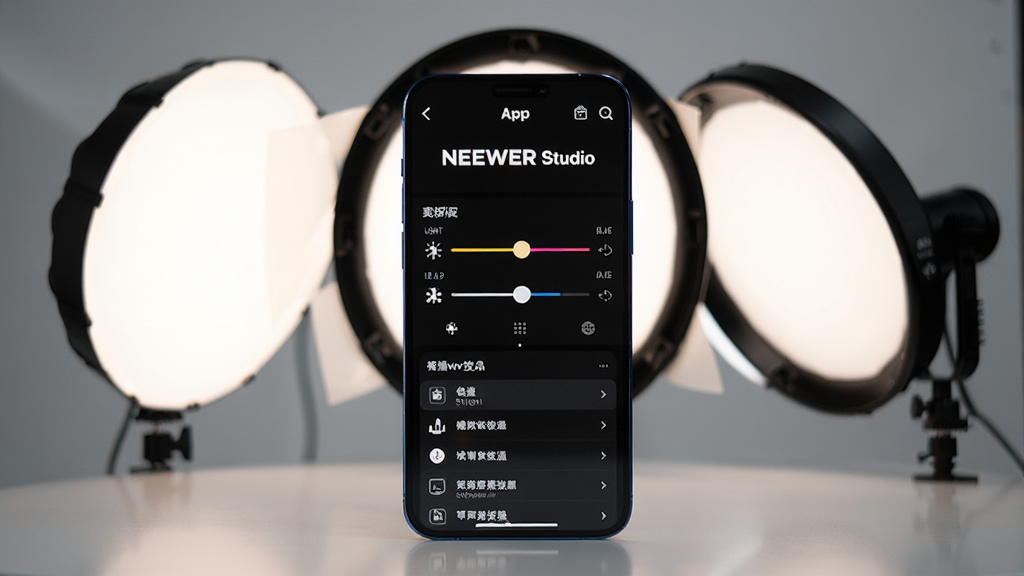 һ��չʾNEEWER Studio����ȫò��ͼƬ���������ֻ���Ļ��ʾApp�����棬�����������ɼ�NEEWER Studio�����͵ƹ���ƻ��飬�ֻ���Χ�����ż�յ���ڷ������Ӱ����ƣ�����Ϊ�ֻ����С��ƹ��豸�����������ں󷽣��Ű����ִ������Ϊ�Ƽ��в�Ʒչʾͼ��ϸ�ڰ����ֻ���Ļ�ϵ�����ɫ�µ��������������豸�б������ʸ���ɾ��޶���Ԫ��