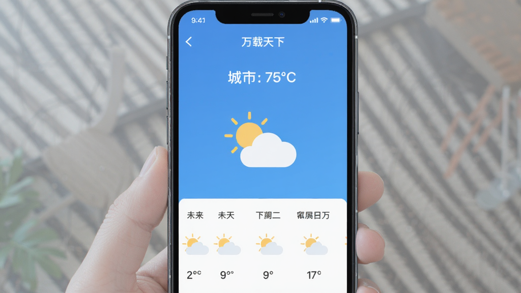 一张手机屏幕展示天气应用主界面的图片,画面中央是“万载天下”APP的界面,顶部显示城市名称和当前温度,中间有太阳和云朵的图标,下方排列着未来几天的天气趋势简图,整体布局简洁,以蓝色和白色为主色调,风格现代扁平,画质干净,无多余元素