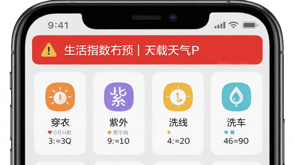 一张手机天气应用展示生活指数和预警信息的图片,画面中“万载天下”APP界面显示多个彩色图标,分别代表穿衣、紫外线、洗车等指数,顶部有一个醒目的红色预警横幅,背景是淡灰色的卡片式布局,风格清晰明了,画质干净,无多余元素