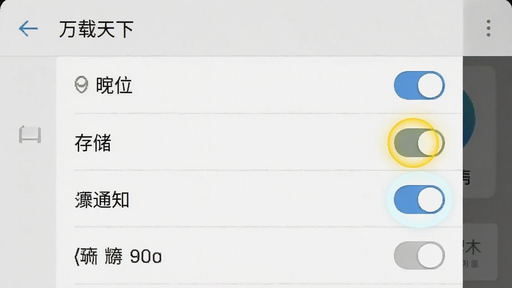 一张手机屏幕截图,展示“万载天下”APP的权限设置界面,画面中有定位、存储、通知等权限开关,其中一个开关被高亮标注,背景是安卓系统的设置菜单风格,界面清晰,画质干净,无多余元素