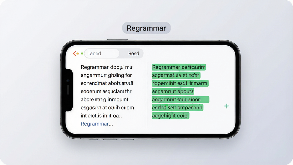 һ��չʾRegrammar��������ȫò��ͼƬ��������һ���ֻ���Ļ����Ļ������ʾRegrammar�Ľ��棬���������Ӣ�ľ��ӣ��Ҳ����޸ĺ����ȷ���ӣ�����ɫ��������޸ĺۼ������ֲ��þ��й�ͼ����������͵�ǳ�ҽ��䡣����ִ���ƽ����ϸ��Բ�󣬻��������ɾ������ֱ�ע��Regrammar�����޶���Ԫ�ء�