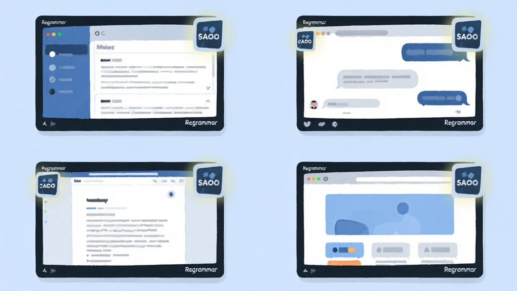 һ�ű���Regrammar�ೡ��ʹ�õ�ƴ�����ͼƬ���������ĸ�С��Ļ���ֱ���ʾ�ʼ����桢������桢�ĵ��������ҳ���棬ÿ�����涼��Regrammar������ͼ���ڽ��䡣������2x2�������У������ǵ���ɫ������Ǳ�ƽ�廭�磬ϸ����ͼ�����΢��Ч��������������ÿ��С��Ļ���䶼�С�Regrammar������������ɾ����ࡣ