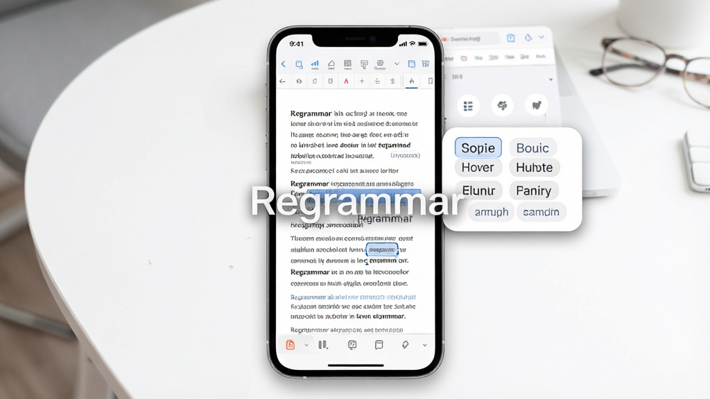 һ��չʾRegrammar������ɫ���ܵĳ���ͼ���������ֻ���Ļ�ϵ��ĵ��༭���棬����һ�����ʱ�ѡ�У��Աߵ���һ��С���ݣ���������ʾ�ż���ͬ���ѡ������������ֻ��ӽǣ������Ǹɾ��İ�ɫ���档�����Ƽ��У�ϸ�������ݱ�Ե����΢����Ӱ�����ʸ��壬ͼƬ�����С�Regrammar������ˮӡ������ɾ������