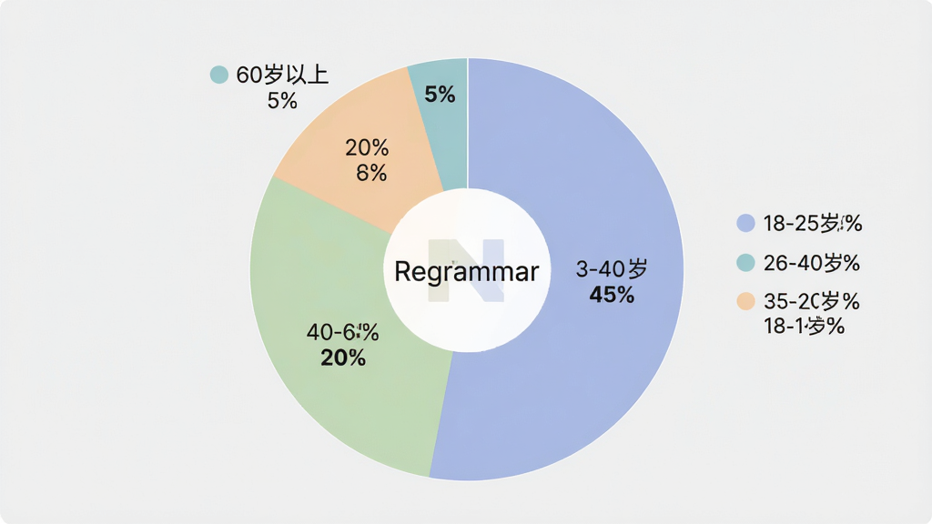 һ��չʾRegrammar�û�����ֲ��ı�״ͼ��������һ��Բ�εı�ͼ����Ϊ�ĸ��������ֱ��ע18-25��ռ��45%��26-40��ռ��30%��40-60��ռ��20%��60������ռ��5%�����־��У�������ǳ��ɫ������Ǽ�Լ����磬ϸ���ϱ�ͼ��ɫ��ͣ�����ͼ���Ͱٷֱ����֣�����������ͼ�������С�Regrammar�����֣�����ɾ��޶���Ԫ�ء�