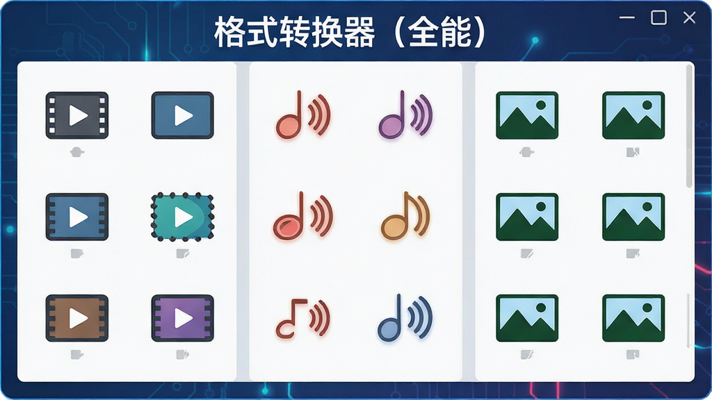 һ�Ź���չʾͼ�������Ǹ�ʽת������ȫ�ܣ��ĸ�ʽѡ����壬����Ϊ����ͼ������������Ƶ��ʽͼ�꣬�м�����Ƶ��ʽͼ�꣬�Ҳ���ͼƬ��ʽͼ�꣬�����С���ʽת������ȫ�ܣ������֣��Ű�����Գƣ����Ƽ��б�ƽ��ϸ���������������ʸɾ�����㣬�޶���װ��Ԫ��