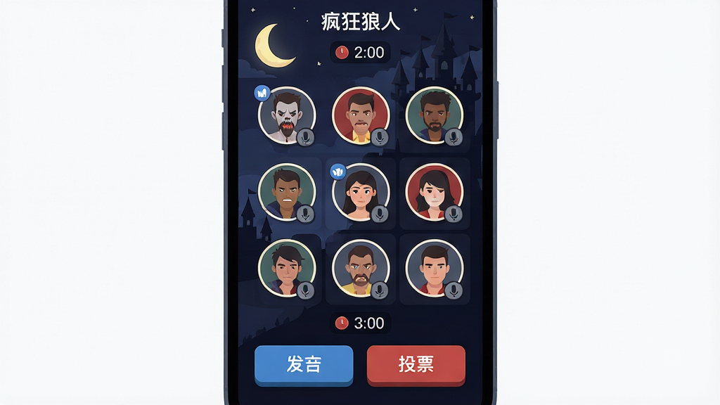 һ��չʾ��������ˡ�App���Ľ������ϸ�廭������Ϊ�ֻ���Ļ��ʾ����ɱ��Ϸ������棬�������м��оŹ������ͷ���·��з��Ժ�ͶƱ��ť���Ű������ɫҹ�ձ������������ͳǱ���Ӱ������Ǳ�ƽ����ϷUI��ƣ�ϸ�ڰ������ͷ���ϵ���˷�ͼ��͵���ʱ���֣����ʸ��壬�ɾ����޶���Ԫ�ء�