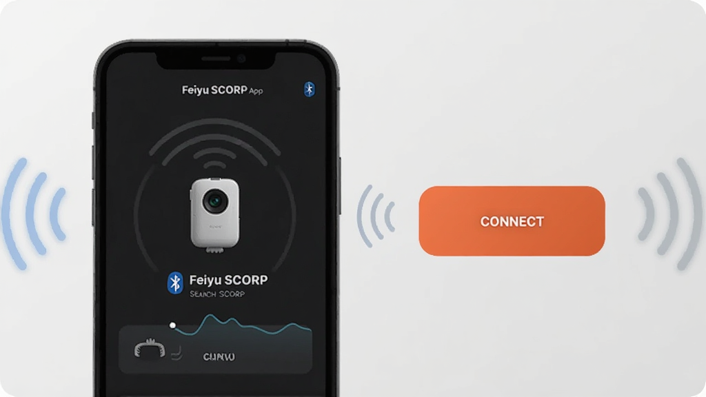 һ��չʾFeiyu SCORP App�������ӽ����ͼƬ��������һ���ֻ���ͨ��������������Ϊ��Feiyu SCORP�����豸���Ա���һ����Ŀ�����Ӱ�ť�������Ǽ��Ļ�ɫ���������źŲ���ͼ�꣬����ִ���ƽ�������������޶���Ԫ��