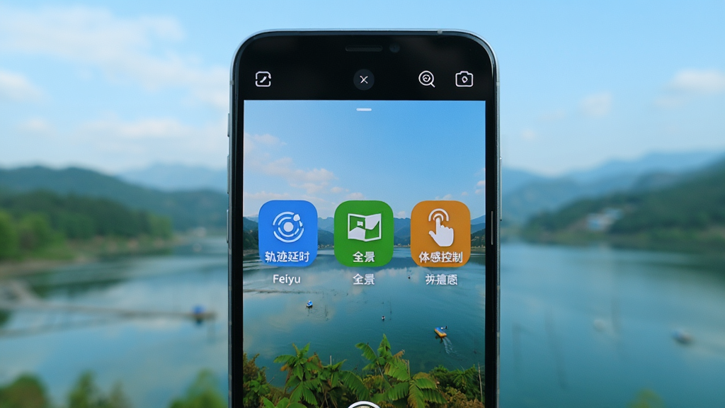 һ��չʾFeiyu SCORP App��������ģʽ�����ͼƬ���ֻ���Ļ���С��켣��ʱ������ȫ����������п��ơ��Ȳ�ɫͼ�갴ť���������黯�Ļ���羰����������ã�ɫ�����죬���ʸɾ����޶���Ԫ��