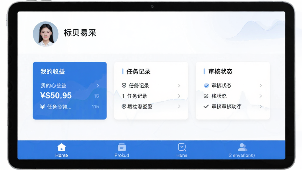 标贝易采个人中心页面,顶部显示用户头像和昵称,中间展示“我的收益”“任务记录”“审核状态”等模块,底部导航栏,蓝白配色,界面简洁,画质干净无多余元素