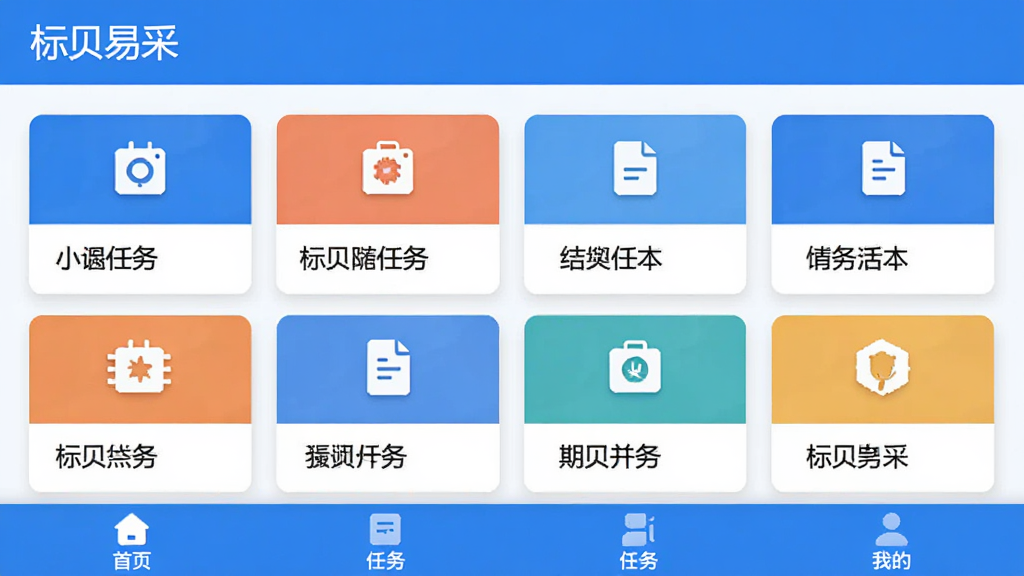 标贝易采任务大厅界面截图风格,顶部标题“标贝易采”任务广场,中间多个任务卡片排列,每个卡片有任务图标和名称,底部导航栏,蓝白扁平风格,画质干净