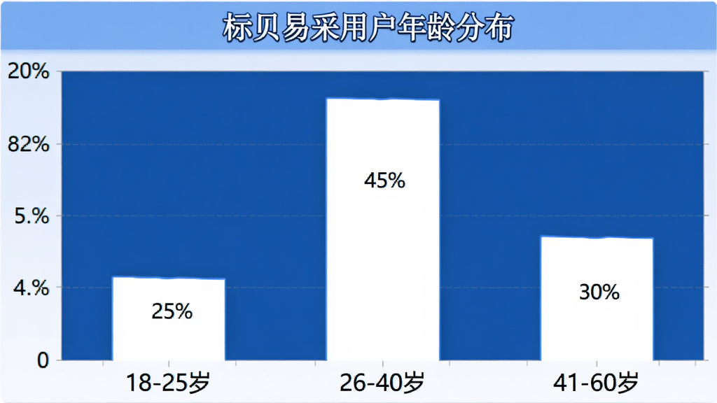 标贝易采用户年龄分布柱状图,横轴为“18-25岁”“26-40岁”“41-60岁”,纵轴为百分比,柱体标注“25%”“45%”“30%”,顶部标题“标贝易采用户年龄分布”,蓝白配色,图表简洁,画质干净无多余元素