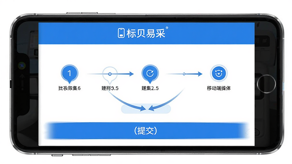标贝易采移动端操作界面,展示任务采集步骤引导页面,顶部有“标贝易采”字样,中间是步骤指示图和操作按钮,底部为提交按钮,蓝白配色,界面清晰,画质干净无多余元素