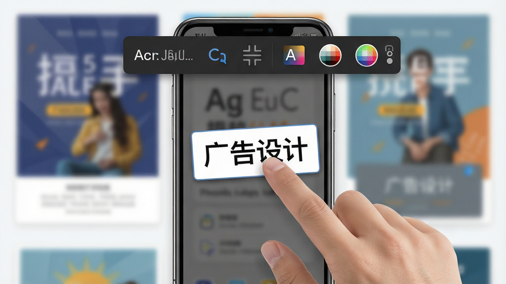 һ��ʾ��ͼ��������һֻ�������ֻ���Ļ���϶�һ�����ֿ���Χ�����š������ơ�app�ı༭���������������塢��ɫ������ͼ�꣬�������黯�ĺ���ģ�壬���дʵ�����ʸɾ�