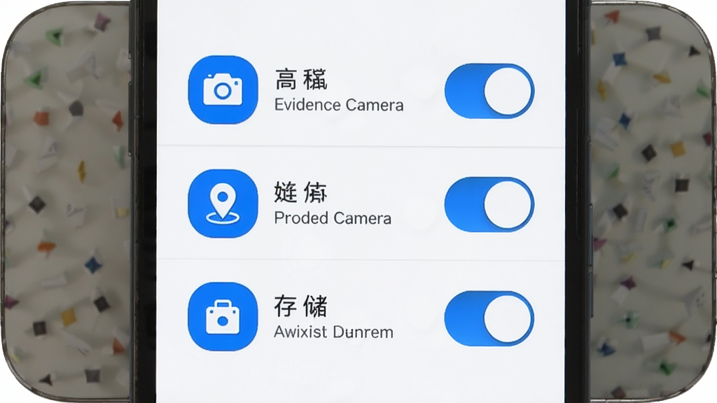 Evidence Camera Ȩ�������������棬�ֻ���Ļ��ʾ����Ȩ�޿��أ��ֱ����������λ�ʹ洢��ÿ�������Ա���ͼ��ͼ��˵�����֣����汳��Ϊ��ɫ����ťΪ��ɫ�������������ֱ�ۣ����ʸɾ��޶���Ԫ��
