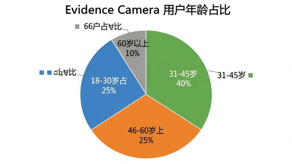 Evidence Camera �û�����ֲ���״ͼ��ͼ������Ϊ��Evidence Camera �û�����ռ�ȡ�����ͼ��Ϊ�ĸ��������ֱ��ע18-30��ռ��25%��31-45��ռ��40%��46-60��ռ��25%��60������ռ��10%����ɫ���������̡��ȡ�����ɫ���֣�ͼ������Ϊ��ɫ�����������������רҵ�����ʸɾ��޶���Ԫ��