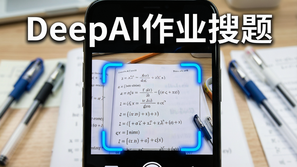 һ���ֻ���Ļ��д���棬��Ļ������ʾDeepAI��ҵ����APP�����ȡ�������ڶ�׼һ����ѧ��ϰ���ϵķ���ʽ��ȡ�����Ľ�����ɫ�����߿���Ļ�Ϸ��ð�ɫ�Ӵ�����д��DeepAI��ҵ���⣬�������黯�������������Ա߷��ż�֧���ԱʺͲݸ�ֽ������������������ϸ�ڸɾ��޶���Ԫ�أ���������