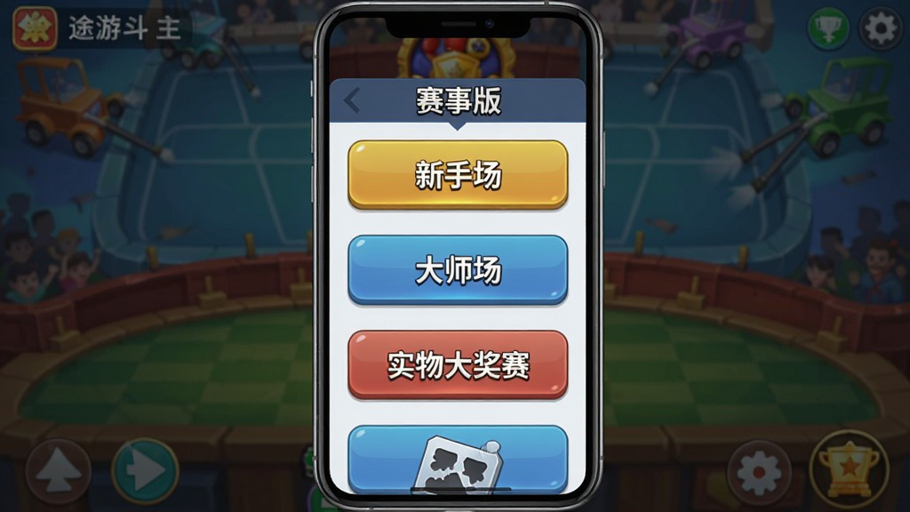 一张展示途游斗地主(比赛版)比赛锦标赛界面的图片,主体是游戏内的赛事列表弹窗,布局为手机屏幕竖屏展示,排版整齐,风格是扁平化游戏UI风格,细节上列表里显示“新手场”、“大师场”、“实物大奖赛”等按钮,按钮有高光效果,画质干净,无多余元素