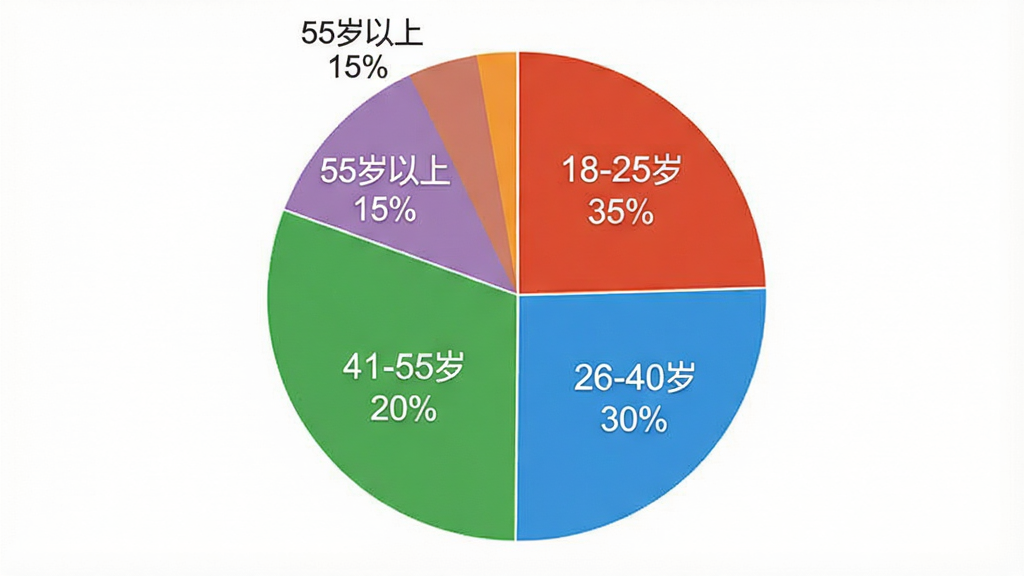一张展示用户年龄分布的饼状图,主体是饼状图图表,布局为居中展示,排版简洁,风格是扁平化数据可视化风格,细节上饼图分为四块,分别标注“18-25岁 35%”、“26-40岁 30%”、“41-55岁 20%”、“55岁以上 15%”,颜色区分明显,画质干净,无多余元素
