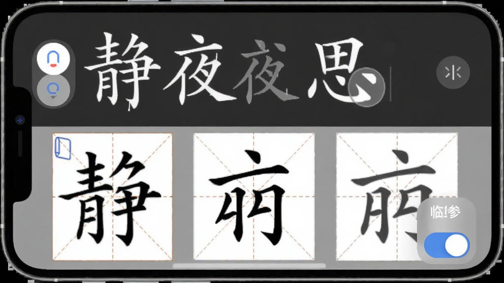 ����д�ֱ��������ɽ��棬�ֻ���Ļ��ʾ�û��������롰��ҹ˼����ʫ���֣��·�ʵʱԤ�����ɵ����ָ�����Ч����������ģ��ѡ��ť�������ġ�л����أ������ʵ�ã���ɫ��ͣ������������޶���Ԫ��