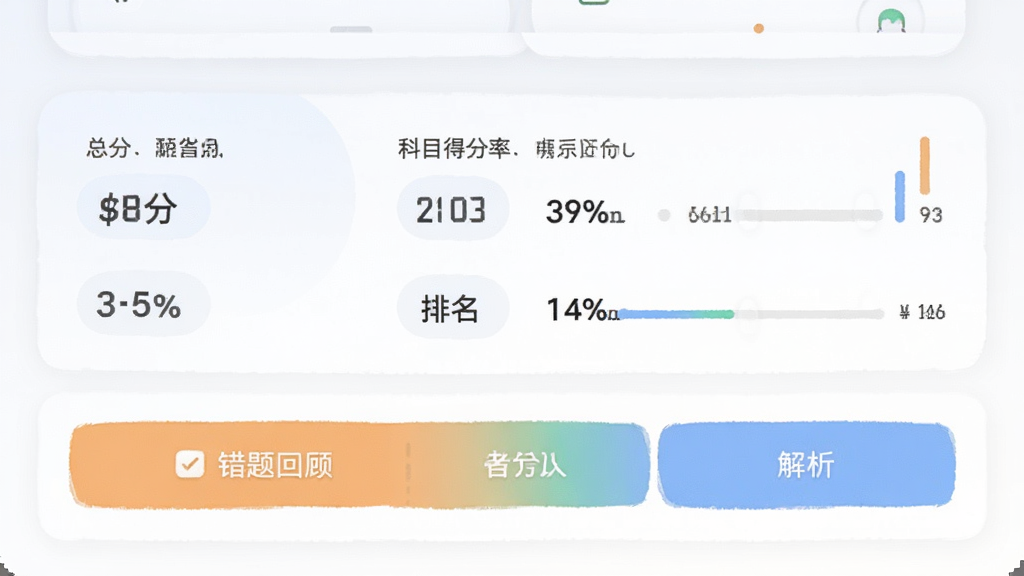 ���������Appģ���ɼ�������棬��ʾ�ܷ֡�����Ŀ�÷��ʡ������ٷֱȣ��·��д���ع˺ͽ�����ڣ�������ÿ�Ƭʽ���֣����ݿ��ӻ���������ɫ��ͣ����ʸɾ��޶���Ԫ��